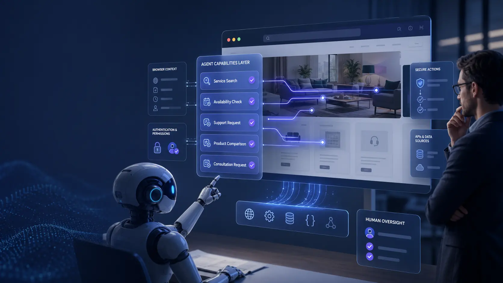 AI browser agent discovering structured WebMCP tools for website search, service availability, consultation requests, and secure online actions