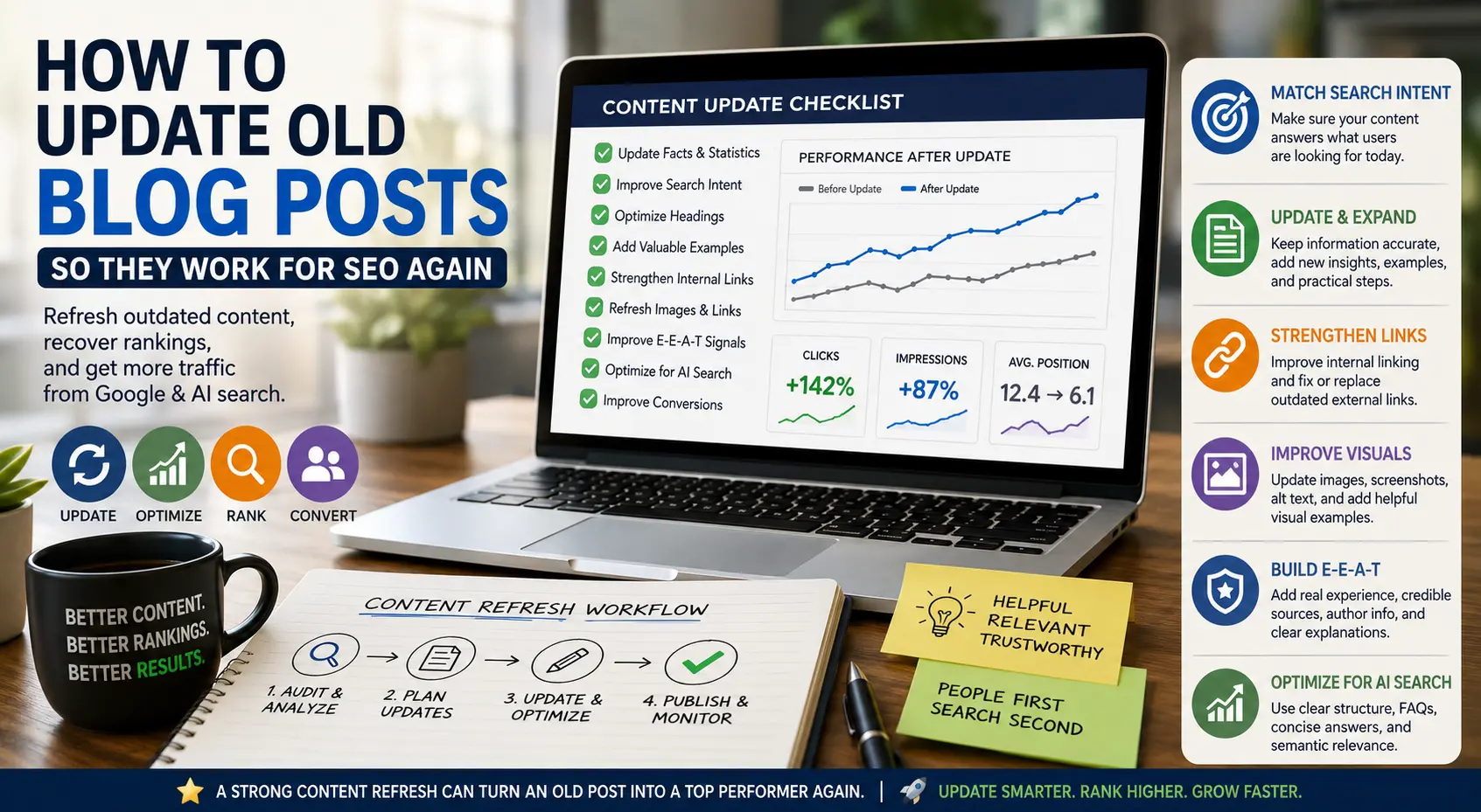 Business owner reviewing how to update old blog posts for SEO using rankings, traffic, content accuracy, internal links, and AI-search optimization