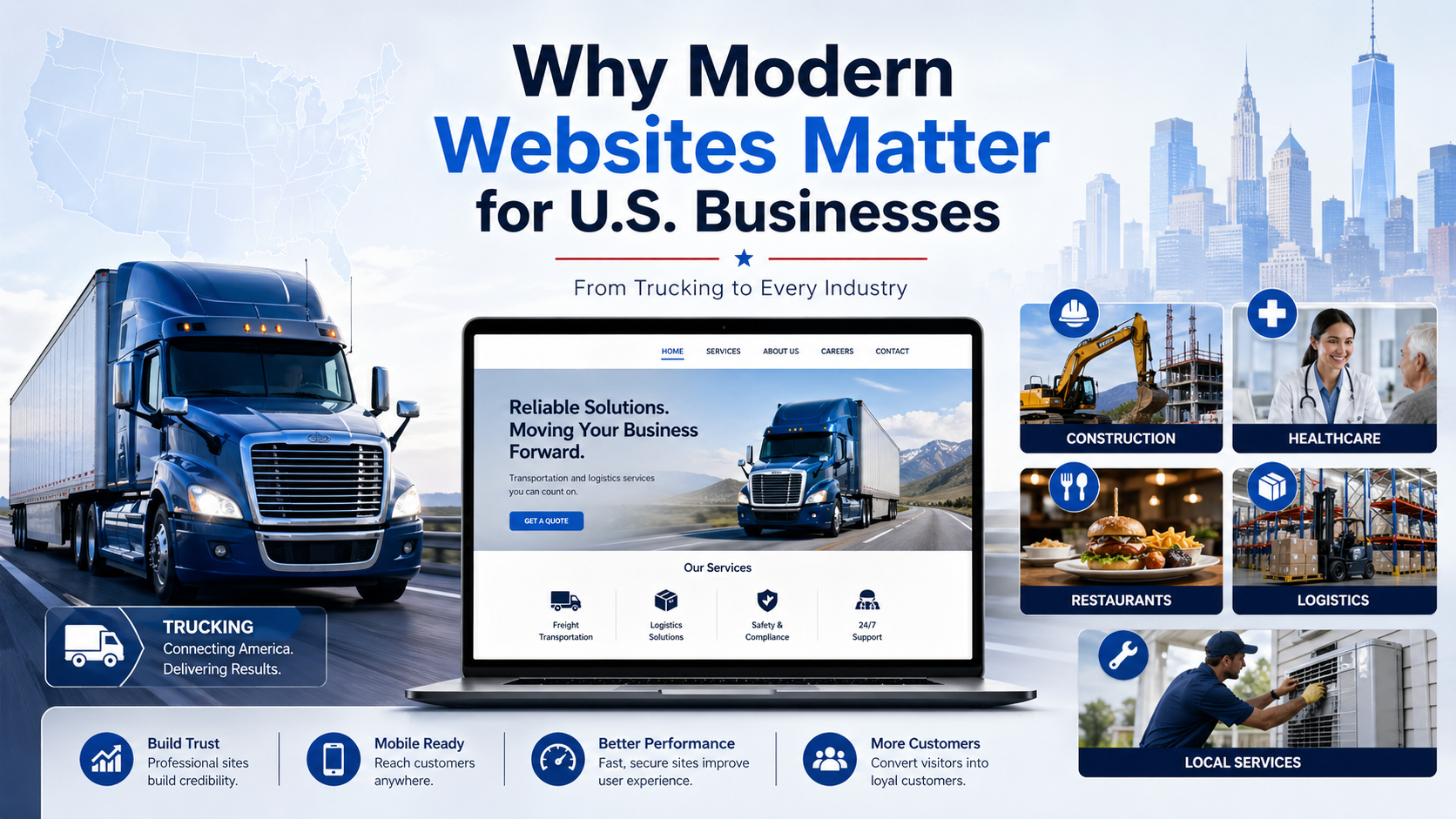 Modern website design for U.S. businesses and trucking industry digital marketing.