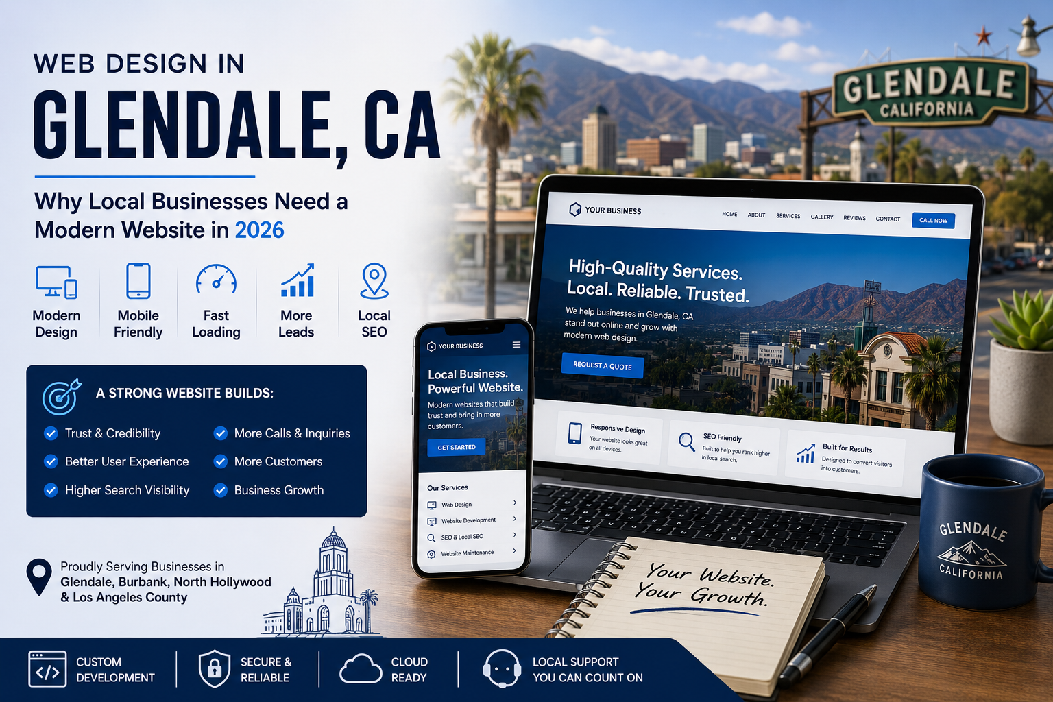 Modern web design in Glendale CA banner showing a responsive business website on laptop and mobile devices, with local SEO, mobile-friendly design, fast loading, lead generation, and Glendale business growth concept.