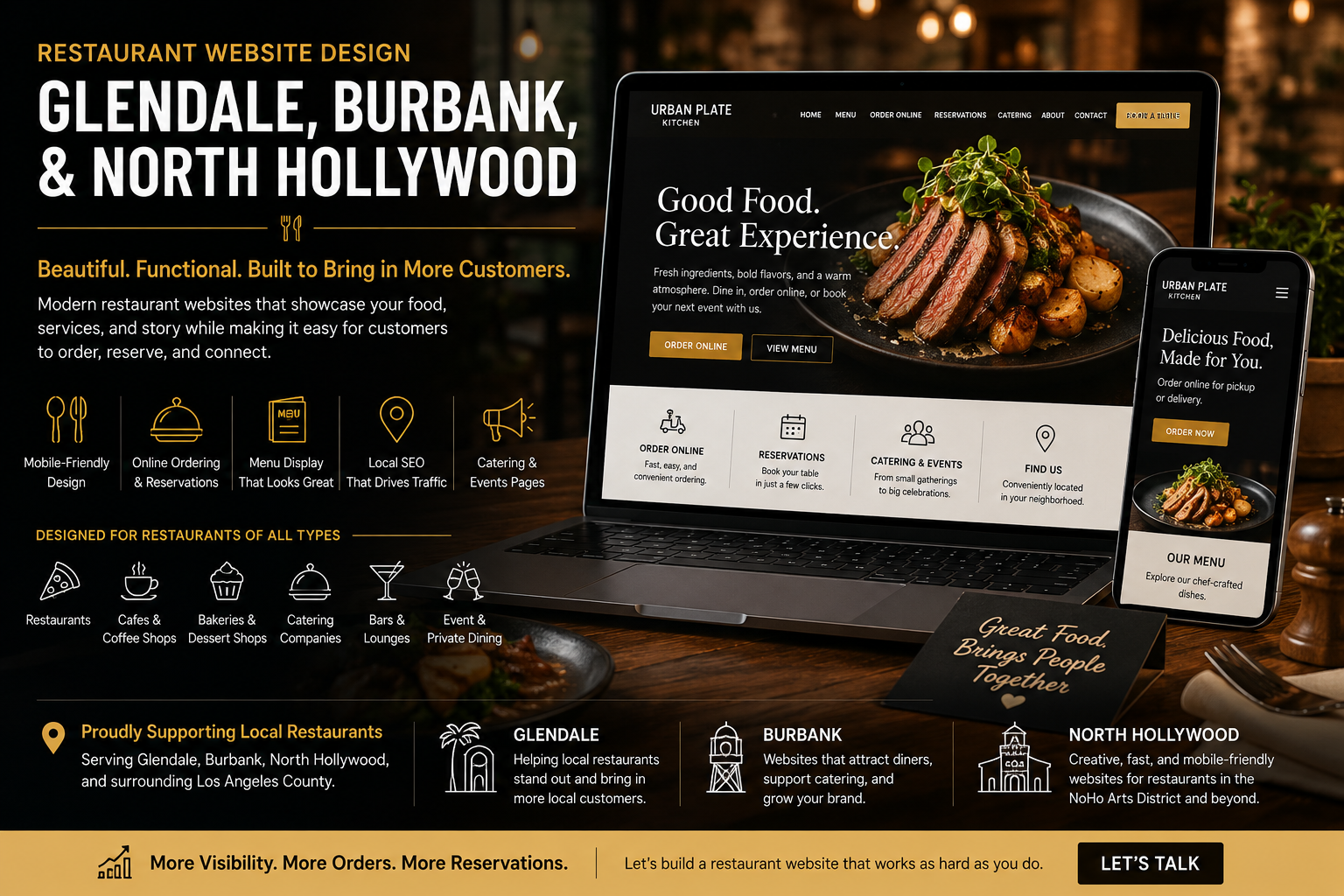 Modern restaurant website design for Glendale Burbank and North Hollywood showing mobile-friendly menu online ordering reservations and local SEO concept