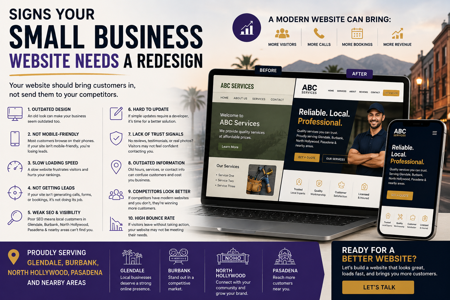 Small business website redesign concept for Glendale Burbank North Hollywood and Pasadena showing modern responsive web design and improved lead generation