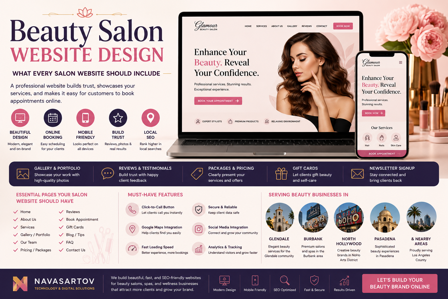 Beauty salon website design for Glendale Burbank North Hollywood and Pasadena showing online booking service menu reviews and mobile-friendly web design