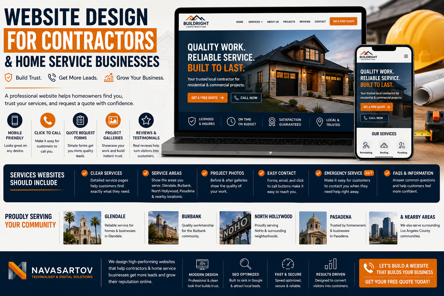 Contractor and home service website design for Glendale Burbank North Hollywood and Pasadena showing project photos quote request forms reviews and mobile-friendly web design