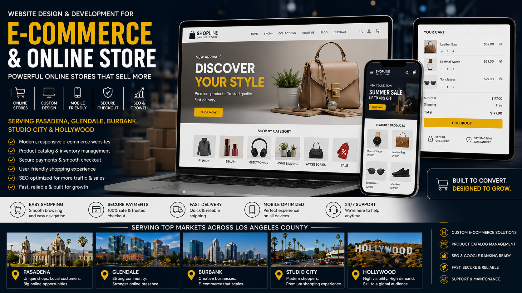Modern e-commerce and online store website design concept for Pasadena, Glendale, Burbank, Studio City, and Hollywood companies, showing responsive shopping screens, product catalog pages, checkout forms, local SEO sections, and professional online store branding.