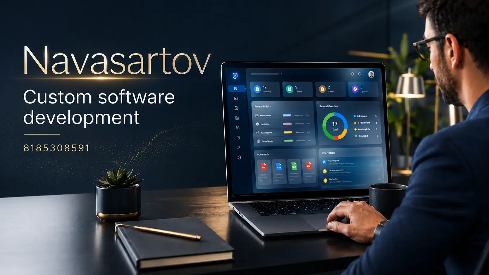Small-business owner using a secure customer portal dashboard with documents, service requests, messages, and status updates